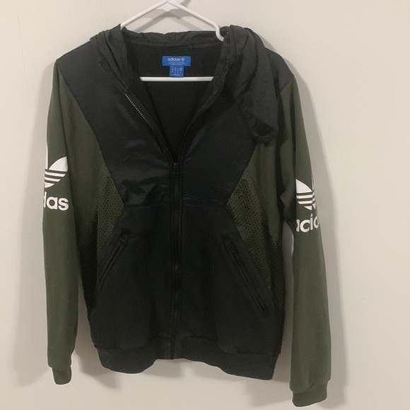 Adidas hooded jacket w/ 3 different materials zipper pockets hook and loop neck - Picture 6 of 11